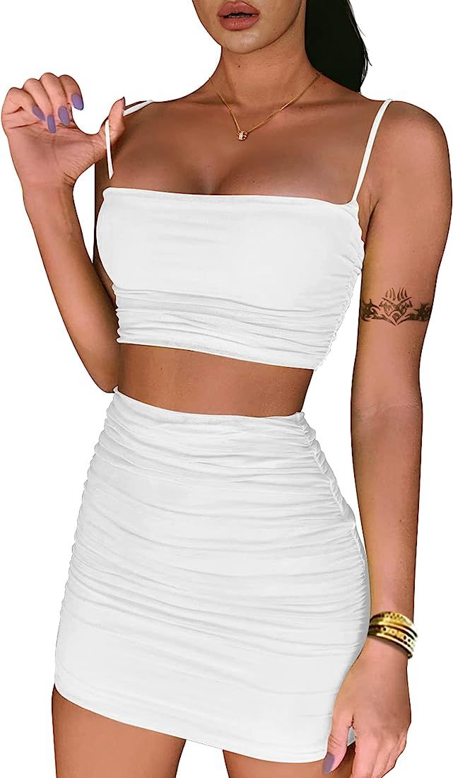 BEAGIMEG Women's Ruched Cami Crop Top Bodycon Skirt 2 Piece Outfits Dress | Amazon (US)
