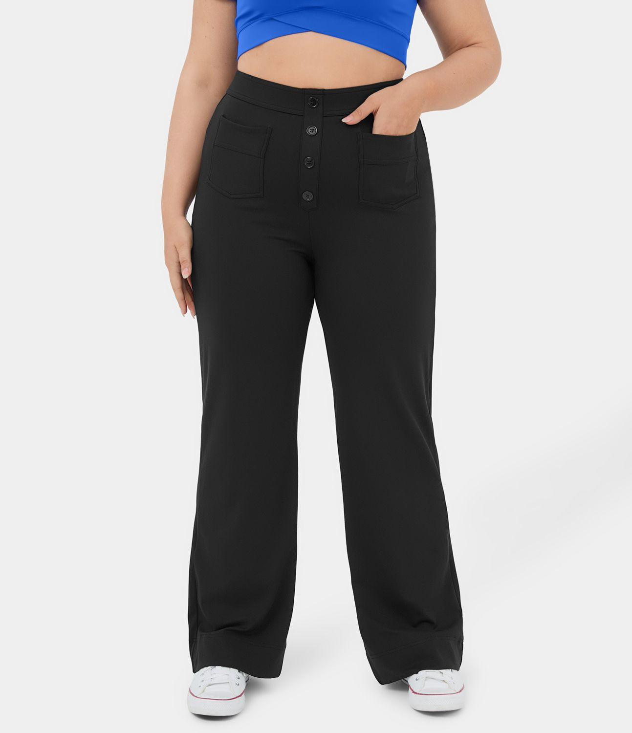Women’s High Waisted Button Multiple Pockets Straight Leg Casual Plus Size Pants - Halara | HALARA