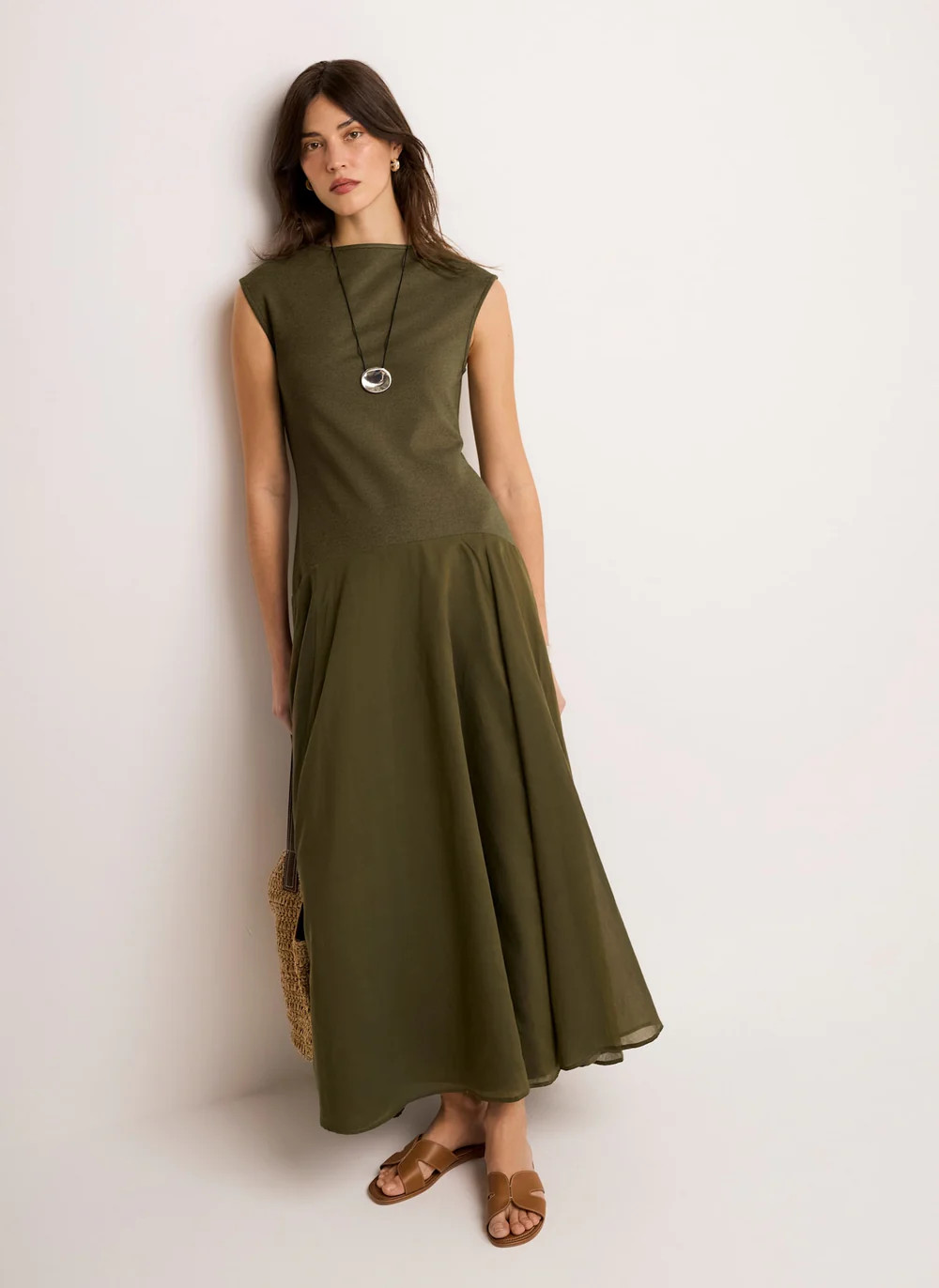 Khaki Jersey Drop Waist Midi Dress | Mint Velvet