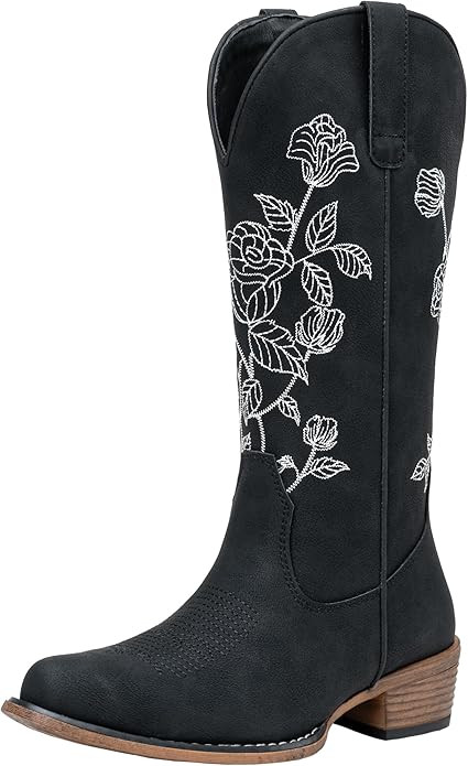 Jeossy Women's Western Cowboy Boots, Mid Calf Embroidery Flower Cowgirl Boots with Low Heel,Side ... | Amazon (US)