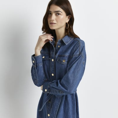 Blue long sleeve tie waist denim shirt dress | River Island (UK & IE)