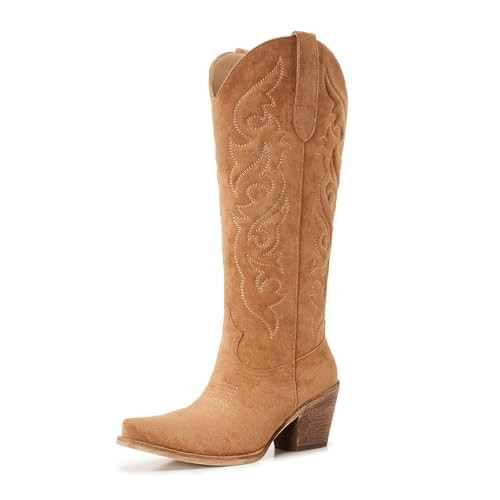 AITTA Suede Cowboy Boots for Women - Western Knee-High Cowgirl Boots with Classic Embroidery, Snip Toe, Chunky Heel, Pull-On Style, Retro Vintage Tall Boots with Side Zipper, Brown, US 12 | Amazon (US)