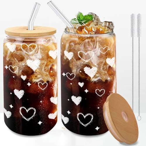 Glass Cups with Lids and Straws – 2 Pack 16oz Heart Tumblers with Bamboo Lids and Glass Straws – Cute Iced Coffee Gift for Girlfriend, Wife or Best Friend – Aesthetic Matching Drinkware Set | Amazon (US)
