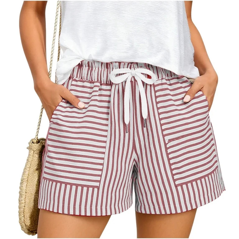 Erwazi Women's Striped Shorts Casual Elastic Waist Drawstring Lounge Shorts with Expanding Pocket... | Walmart (US)