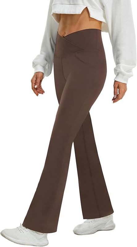 FireSwan Womens Crossover Flare Leggings with Pockets Bootcut High Waisted Yoga Pants Tummy Contr... | Amazon (US)