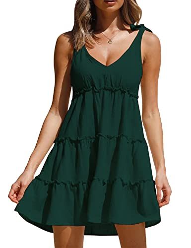 AIMCOO Women's Sleeveless Tie Shoulder Tiered Frill Swing Dress V Neck High Waist Loose Dresses S... | Amazon (US)