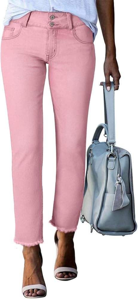 Sidefeel Women's High Waisted Jeans Strechy Raw Hem Straight Leg Denim Pants with Pockets | Amazon (US)