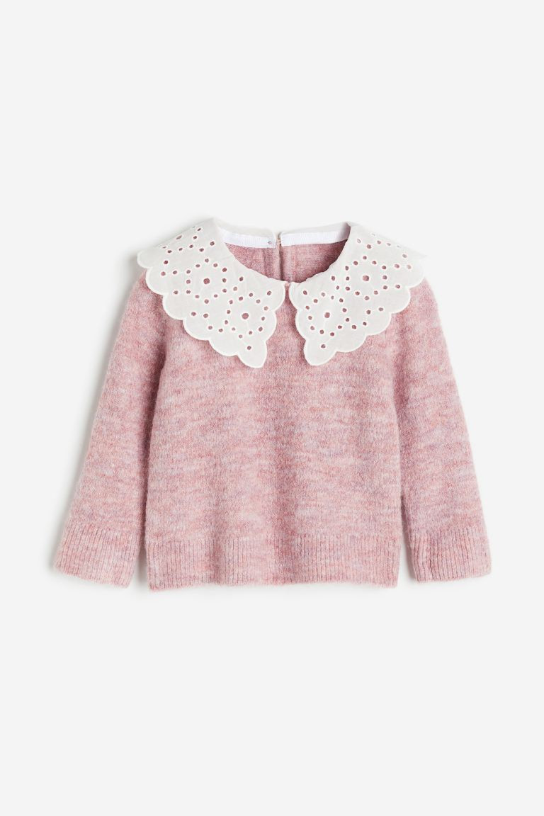 Sweater with Eyelet Embroidery Collar - Pink melange - Kids | H&M US | H&M (US + CA)