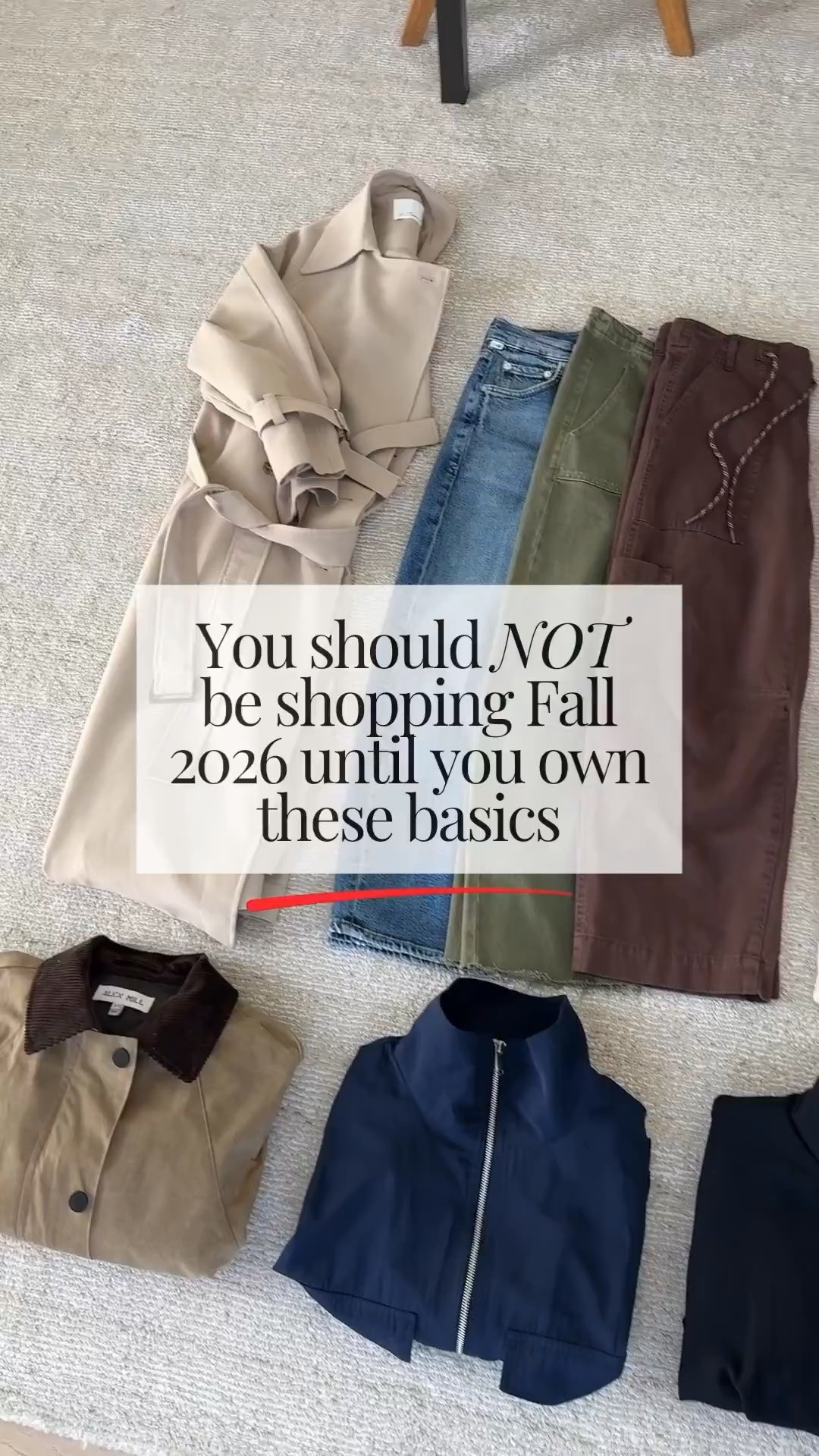 You should NOT be shopping Fall 2026 until you own these basics

Oak + Fort Trench xxs
Alex Mill jacket xs
Zara navy windbreaker xs - new one is slightly different
Zara funnel neck jacket small

Pants/Jeans
Citizens of Humanity Miro jeans petite 25
Le Jean Utility pants 25
Pistola Cargos 26 - this color runs small

Gap cotton sweater navy petite small
Gap cotton sweater cream petite small
Everlane cashmere boxy sweater xs
Quince cashmere boxy sweater xs

AYR denim shirt xs
AYR white button up xs

Aritzia long sleeve small
Tuckernuck stripe long sleeve xs

AYR Practice tee black medium
AYR Practice tee white medium

Sezane Gabin tote
Quince brown shoulder bag
Quince cognac shoulder bag
Liffner suede shoulder bag - old, linked Madewell which is the same shape
Madewell brown suede bag

Adidas sneakers 5
Reformation flats 5
Sam Edelman loafers 5
Larroude sneakers 6 - run small

Polo Ralph Lauren hat brown 
Polo Ralph Lauren camel

#LTKmomlife #LTKPetite #LTKOver40