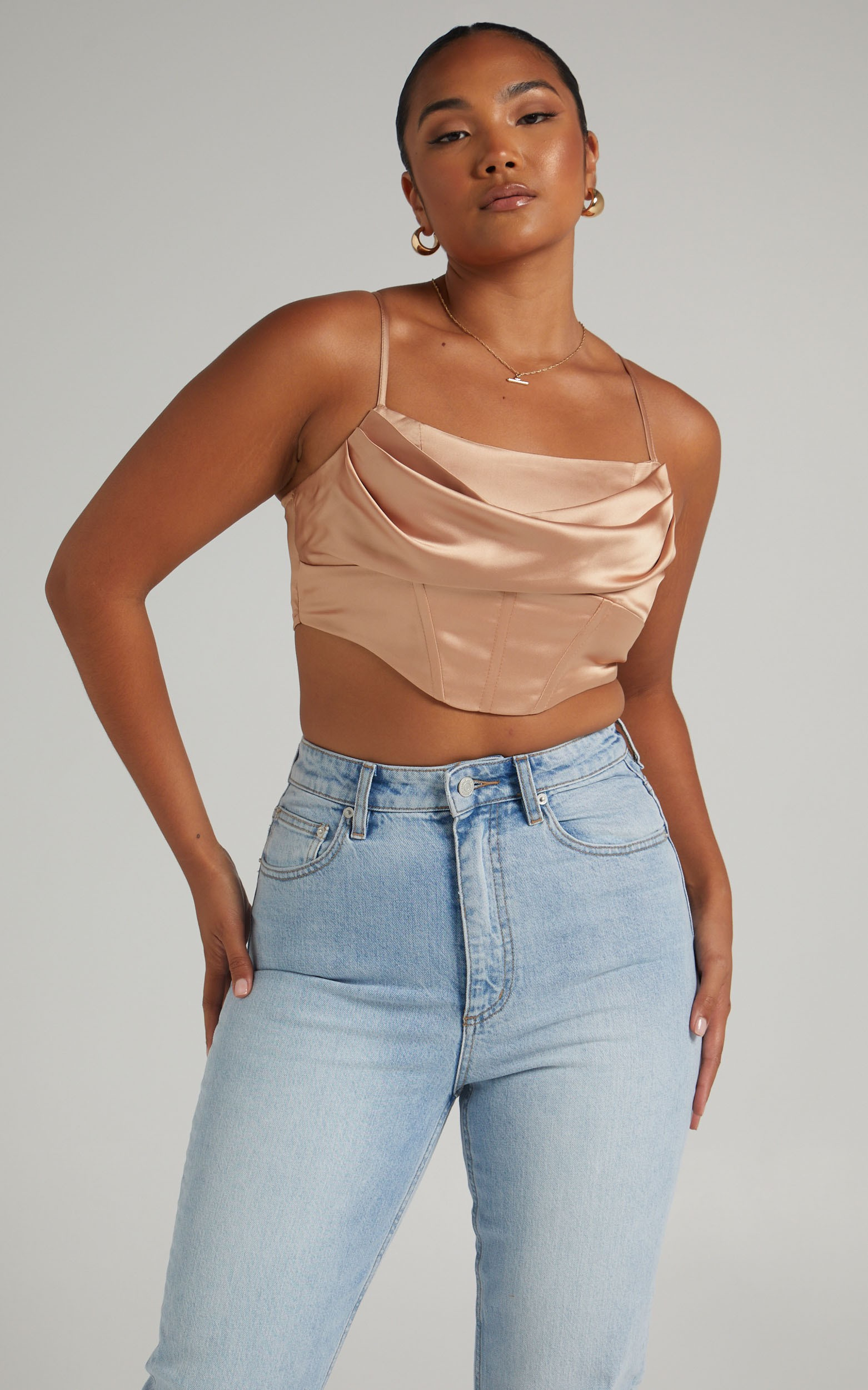 Jadey Cowl Neck Corset Crop Top in Nude Satin | Showpo (ANZ)