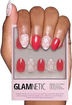 Glamnetic Press On Nails - Red Blossom Spring Nails | Glossy and Matte Short Oval Nails with Flor... | Amazon (US)
