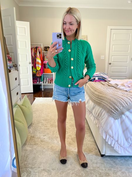 20% off with FALL20 / Agolde Parker shorts (sized down to a 23) / green cable knit cardigan / casual fall outfit / easy fall style 

#LTKSeasonal #LTKstyletip #LTKsalealert