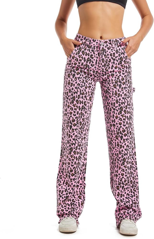 Women's Straight Leg Jeans Casual Low Waisted Leopard Print Pants for Women Trendy Pull on Jeans ... | Amazon (US)