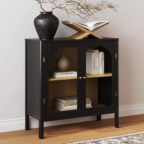Nathan James Mason Storage Cabinet, Free Standing Accent Sideboard Buffet, Credenza with Glass Doors and Adjustable Shelf in Black Oak Wood for Dining Room, Entryway and Living Room, Clear Glass/Black | Amazon (US)