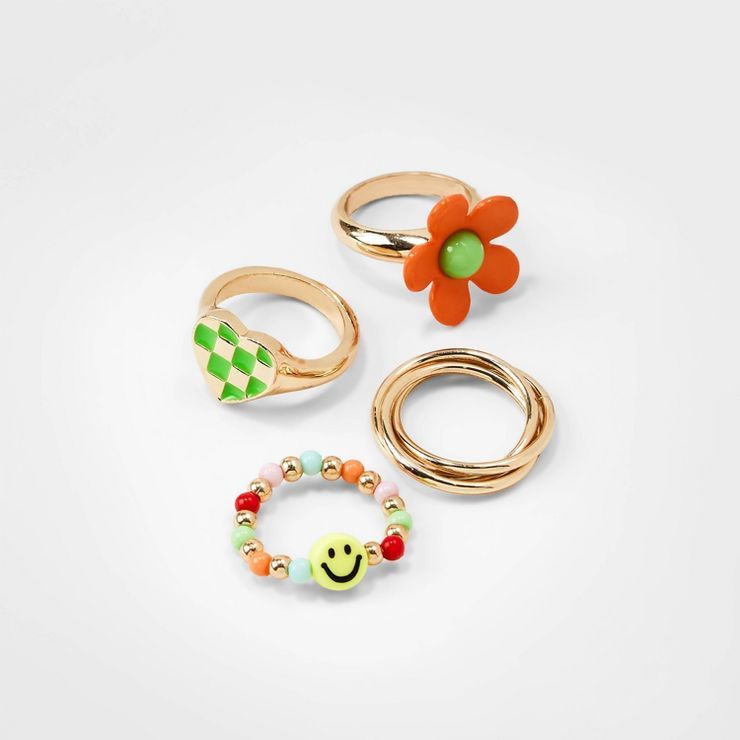 Girls' 4pk Mixed Ring Set with Beaded Smiley Face and Heart Ring - art class™ | Target
