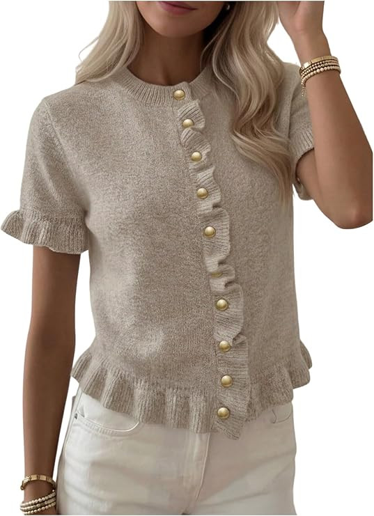 MakeMeChic Women's Short Sleeve Cardigan Sweates Ruffle Dressy Tops | Amazon (US)