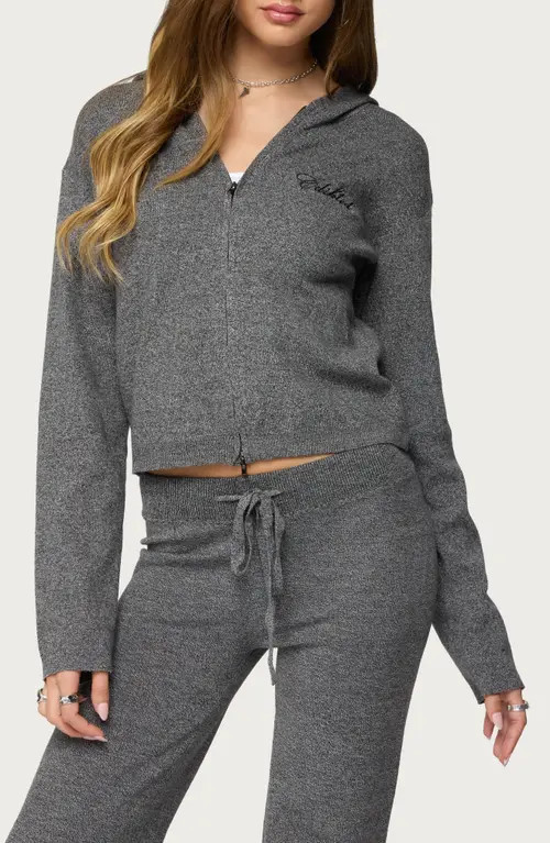 EDIKTED Ayah Knit Zip Crop Hoodie in Dark-Gray-Melange at Nordstrom, Size Small | Nordstrom