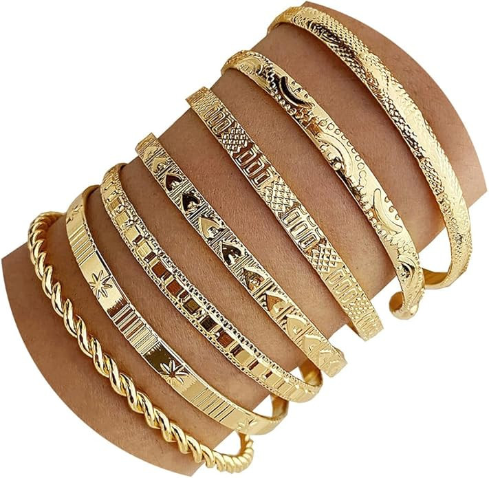 IFKM Gold Bangle Bracelets For Women, 14k Gold Plated Multi Layer Stackable Cuff Bracelet Set, Tr... | Amazon (US)