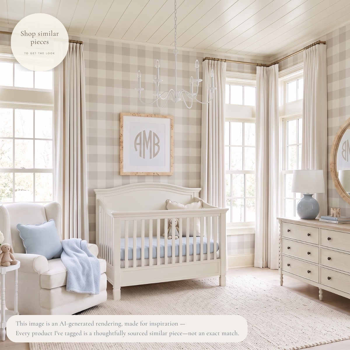 A timeless nursery is one that feels just as peaceful for parents as it does for baby. Soft checks, warm whites, gentle blues, and classic furniture create a space designed to grow beautifully through every season. I've thoughtfully sourced similar pieces to help you create a nursery that's calm, cozy, and made to last. 🤍

AI-generated design concept for inspiration • Tagged products are thoughtfully sourced similar pieces, not exact matches • Affiliate links may be used. As an Amazon Associate, I earn from qualifying purchases.

#LTKHome #LTKBaby

#LTKHome #LTKBaby