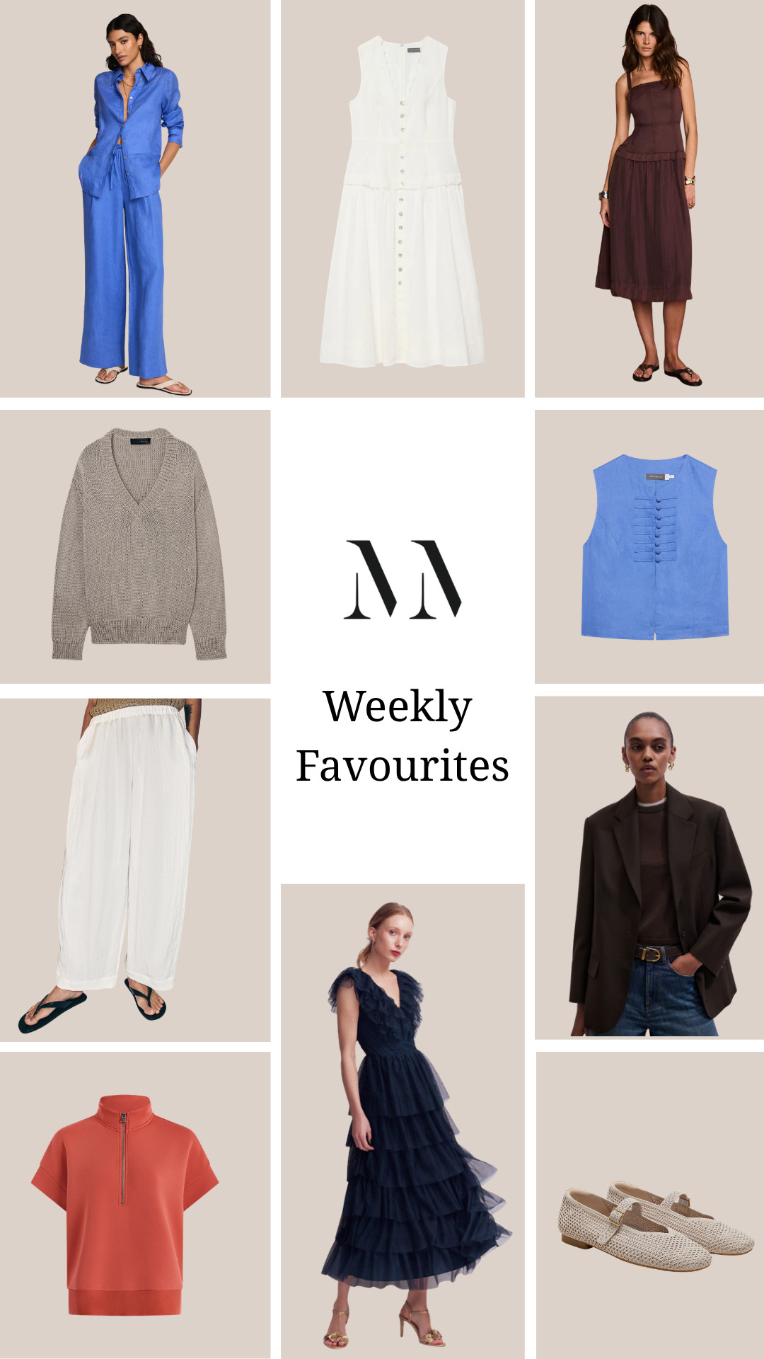 The Weekly Faves Edit 

weekly favourites, weekly edit, new in, wardrobe staples, neutral tones, summer outfits, spring style, capsule wardrobe, chic outfits, elevated basics, occasionwear, workwear, weekend casual, blue linen set, cobalt blue, linen co-ord, white button front dress, sleeveless midi dress, brown midi dress, strappy dress, taupe v neck knit, slouchy jumper, white wide leg trousers, relaxed pants, brown blazer, tailored blazer, navy ruffle dress, tiered tulle dress, evening dress, event dress, coral half zip, short sleeve sweatshirt, woven flats, raffia mary janes, neutral loafers, minimalist style, monochrome looks, effortless style, everyday outfits 

 #LTKuk #LTKspring #LTKsummer