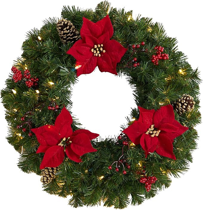 Nearly Natural 24in. Poinsettia, Berry and Pinecone Artificial Wreath with 50 Warm White LED Ligh... | Amazon (US)