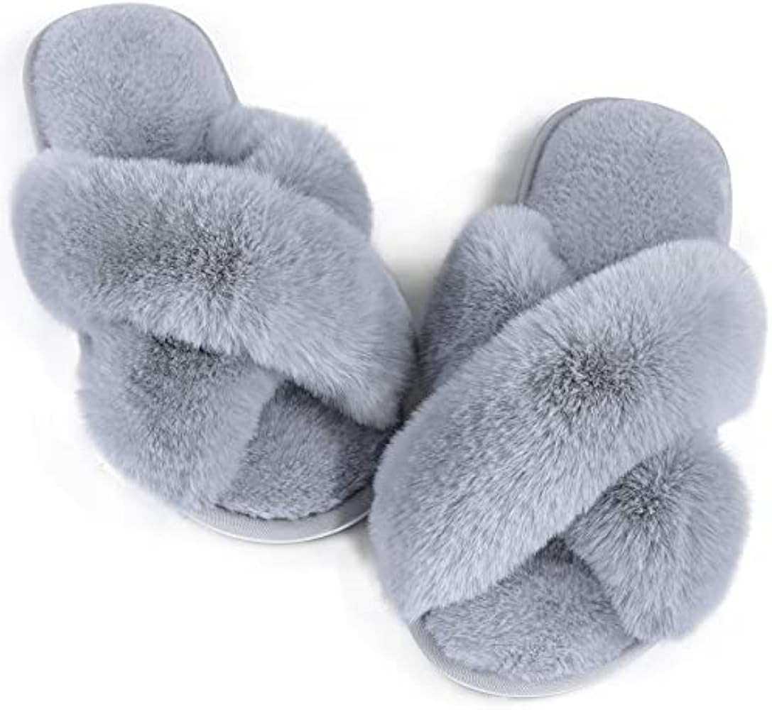 Womens Fuzzy Memory Foam Slippers - Ankis Cross Band Cozy Plush Home Slippers Fluffy Furry Open T... | Amazon (US)