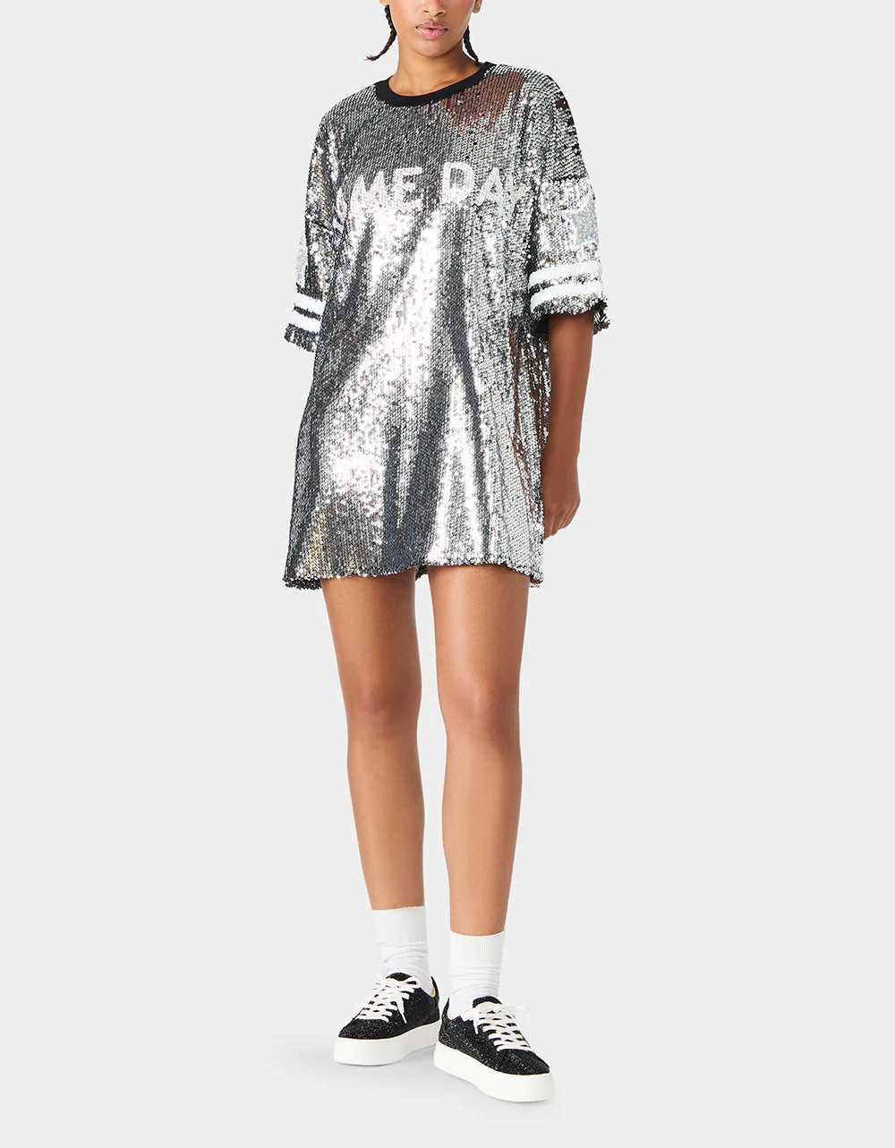GAME DAY JERSEY SEQUIN DRESS SILVER Women's Sequin Short-Sleeved Dress | Betsey Johnson