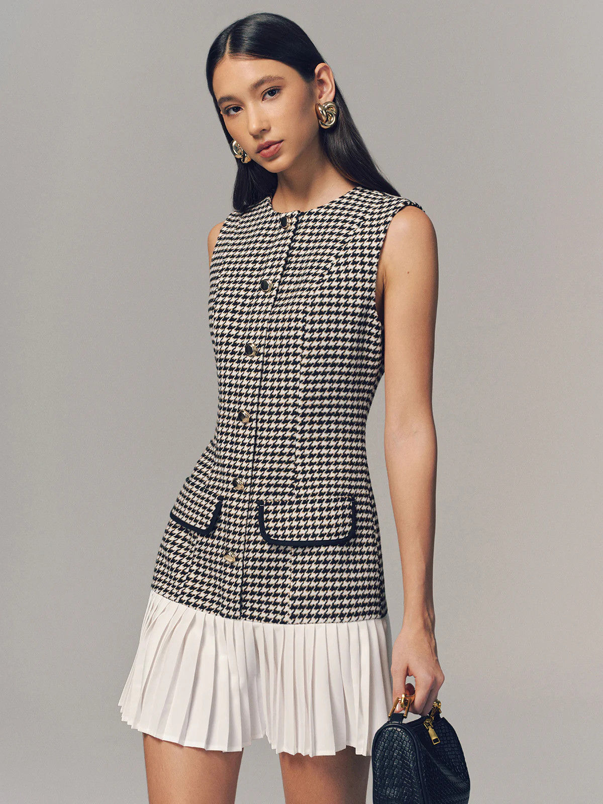 Houndstooth Sleeveless Pleated Hem Mini Dress | Commense