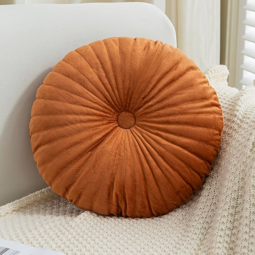 Velvet Round Throw Pillow Pleated Round Pillow Cushion Decoration for Couch Chair Bed Car Orange | Amazon (US)