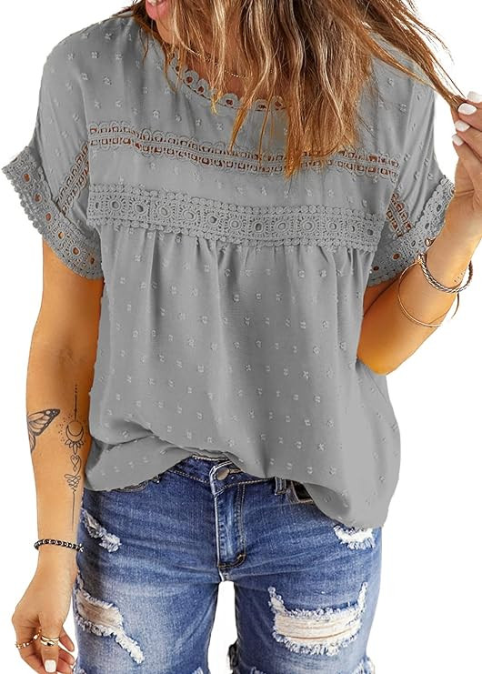 Dokotoo Womens Summer Tops Crewneck Lace Crochet Short Sleeve Shirts Casual Chiffon Blouses | Amazon (US)