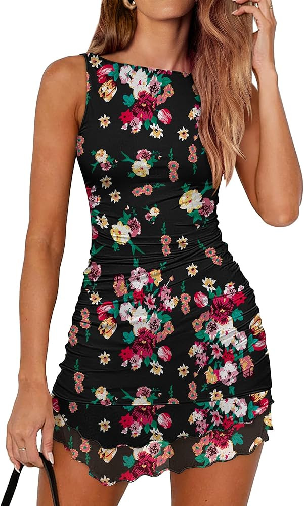 Caracilia Women Sexy Mesh Ruched Mini Dress 2026 Summer Sleeveless Bodycon Boat Neck Club Party C... | Amazon (US)