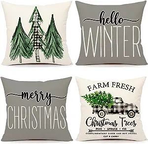 4TH Emotion Gray Christmas Pillow Covers 18x18 Set of 4 Farmhouse Christmas Decorations Merry Chr... | Amazon (US)