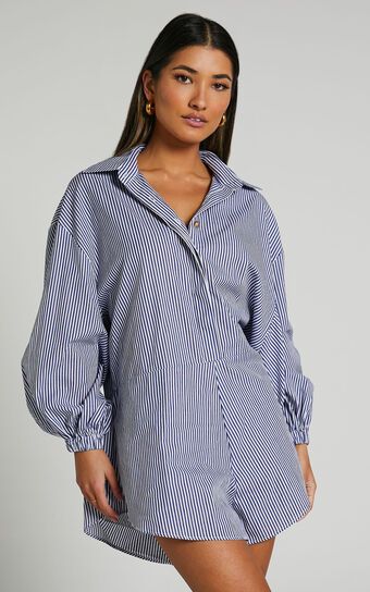 Anka Playsuit - Relaxed Button Front Shirt Playsuit in Navy Stripe | Showpo (US, UK & Europe)
