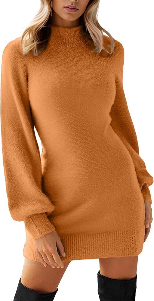 GRECERELLE Women's Mock Neck Ribbed Long Sleeve Bodycon Pullover Cute Mini Sweater Dress | Amazon (US)