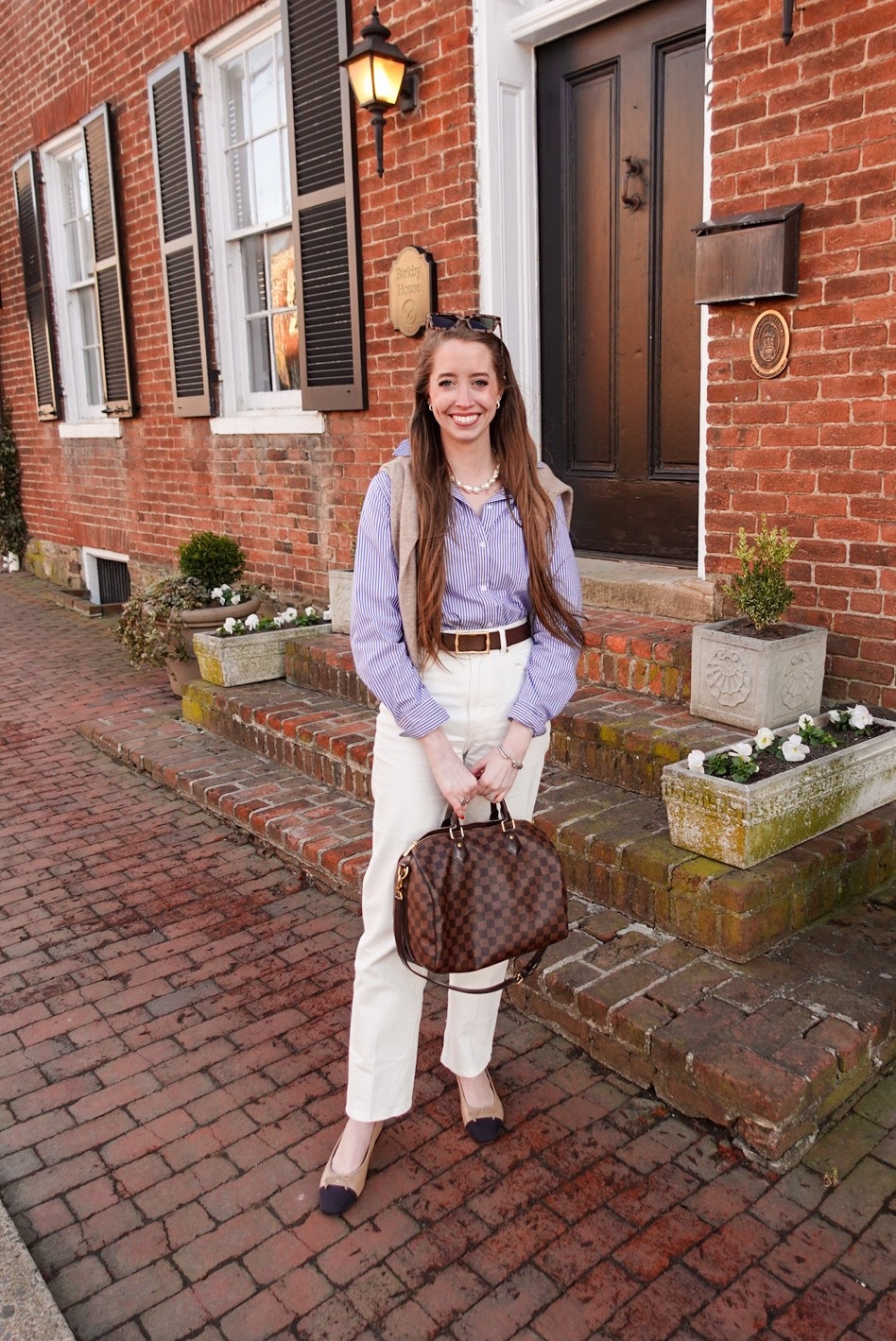 Casual preppy spring outfit 
White jeans 
Cashmere sweater 
Louis Vuitton speedy 30 
Cap toe ballet flats 

#LTKFindsUnder100 #LTKSeasonal #LTKStyleTip