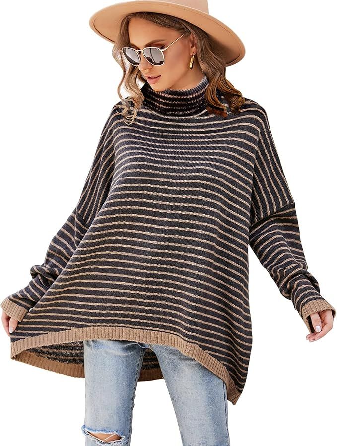 Fall Winter Turtleneck Sweater Oversized Tops for Women Long Batwing Sleeve 2021 Trending HI-LO K... | Amazon (US)