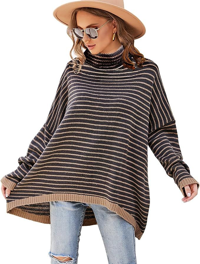 Fall Winter Turtleneck Sweater Oversized Tops for Women Long Batwing Sleeve 2021 Trending HI-LO K... | Amazon (US)