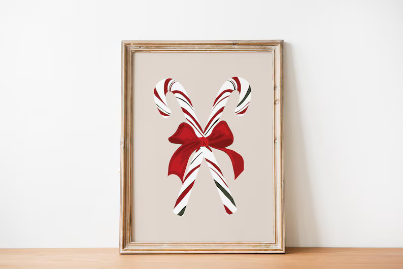 Candy Cane Art Print, Christmas Wall Decor, Festive Holiday Print, Red Bow Candy Canes, Christmas... | Etsy (US)