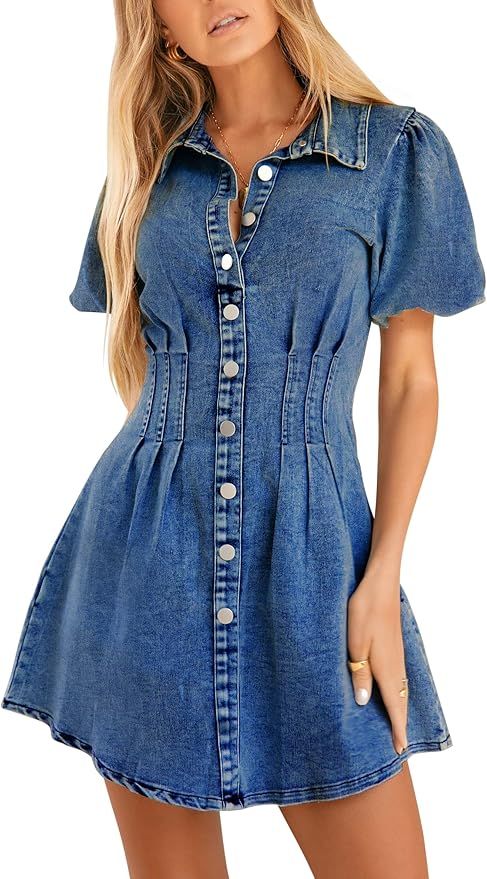KDF Summer Denim Dress for Women Puff Sleeve Slim Fit Jean Dresses for Women 2023 Casual | Amazon (US)
