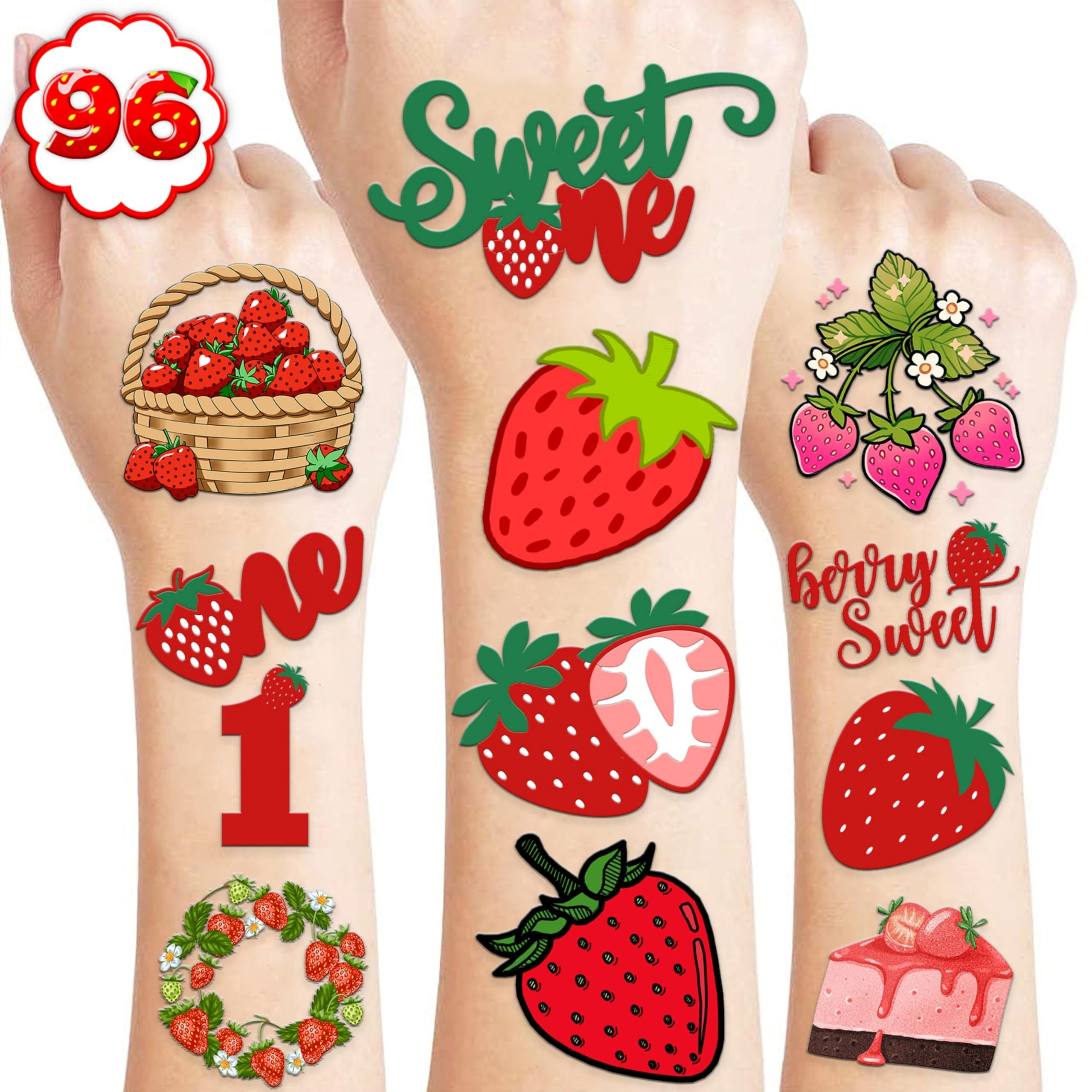 Strawberry Temporary Tattoos Berry First Birthday Party Supplies Decorations 96PCS Cute Tattoos S... | Amazon (US)
