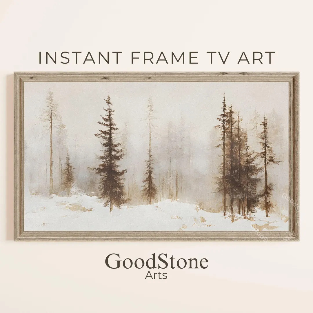 Vintage Winter Painting Frame Tv Art, Muted Brown Neutral Evergreen Forest Winter Trees Landscape... | Etsy (US)