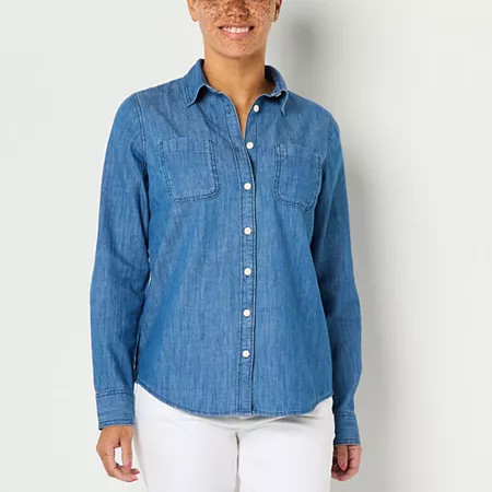 St. John's Bay Womens Long Sleeve Cuffed Sleeve Regular Fit Button-Down Shirt, X-small, Blue | JCPenney