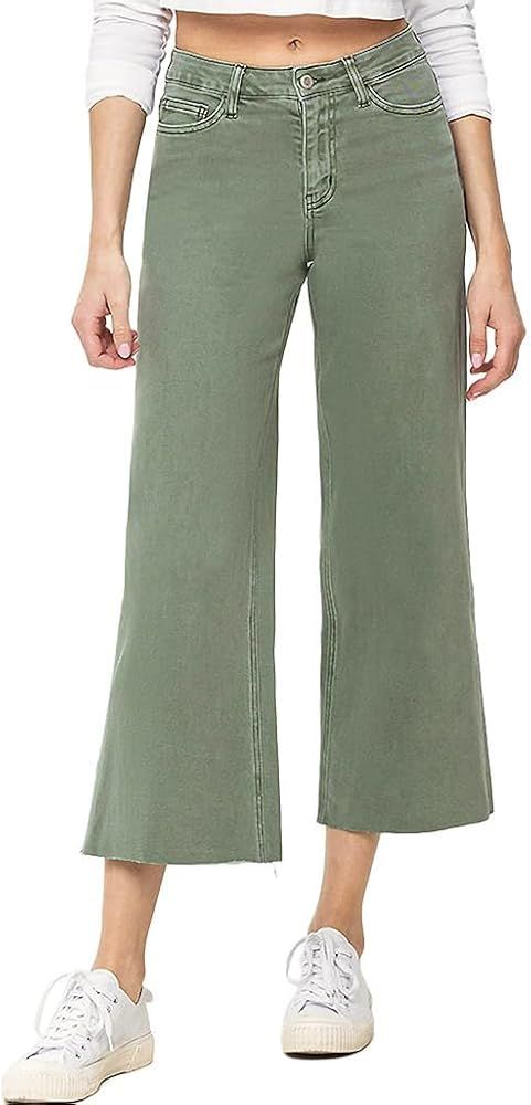 VERVET by Flying Monkey Olive Denim Flare Cropped Jeans High-Rise Distressed | Amazon (US)