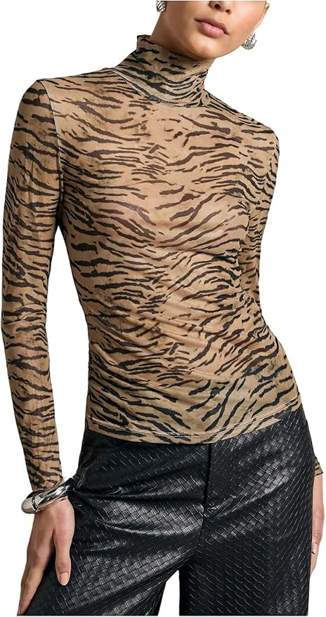 SHENHE Women's Mesh Animal Print Turtleneck Fitted Tee Long Sleeve Sexy Going Out Layering Top | Amazon (US)
