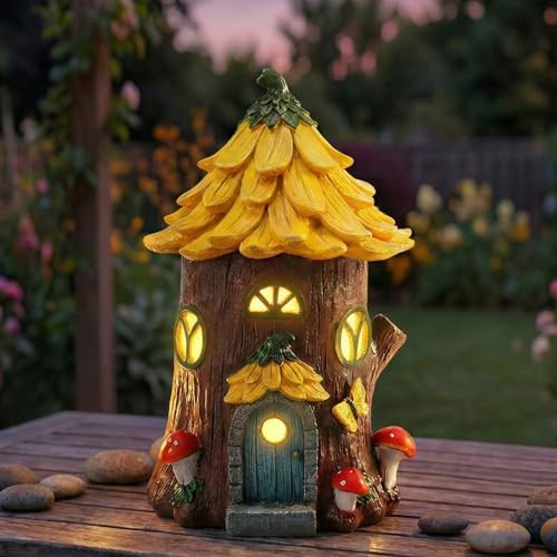 Lavezee Fairy House Outdoor Figurine Lights for Garden Decor, Fairy Garden Houses for Front Porch Patio Backyard Yard Decoration, Birthday Gifts for Mom Women | Amazon (US)