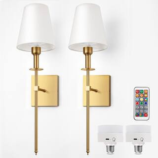 5 in. 1-Light Gold Rechargeable Wireless Wall Sconces with Fabric Shades and Dimmable Remote for Bedrooms (2-Pack) | The Home Depot