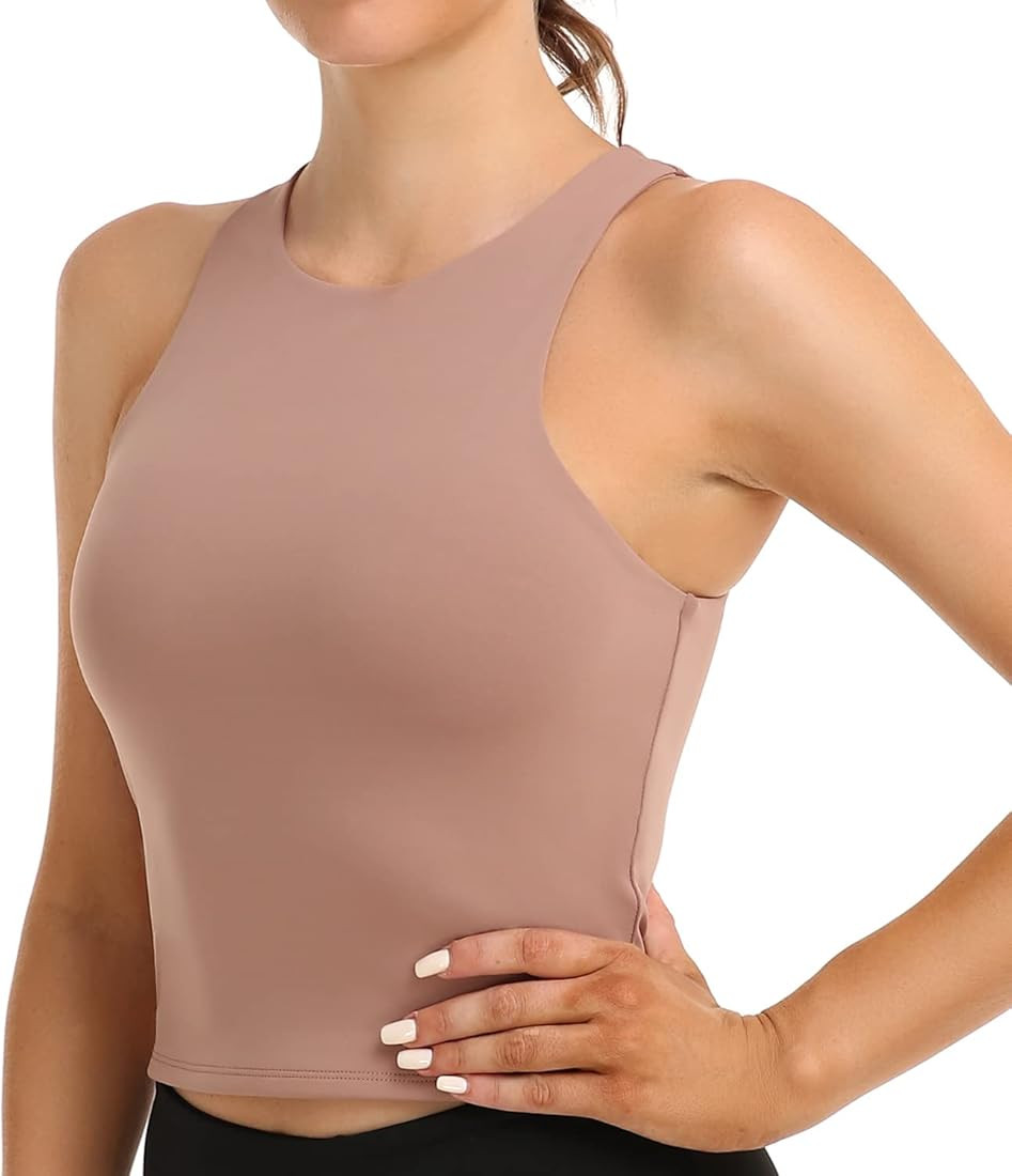 Colorfulkoala Women's High Neck Tank Tops Body Contour Sleeveless Crop Double Lined Yoga Shirts | Amazon (US)
