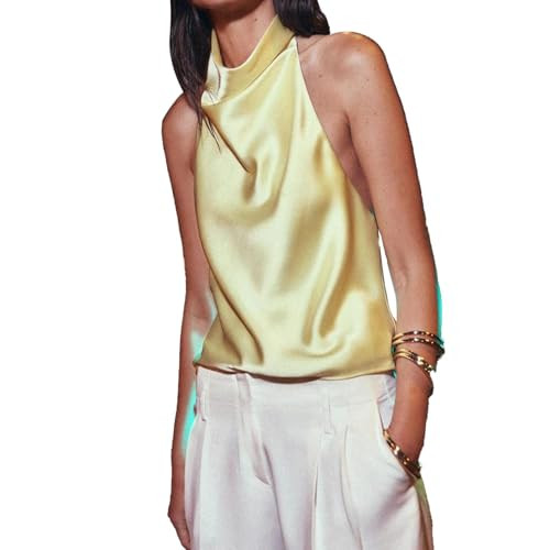 ABYOVRT Women Halter Top Cowl Neck Backless Satin Silk Tank Tops Elegant Going Out Clubwear (M,Bl... | Amazon (US)