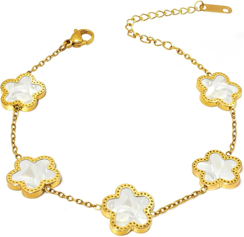 18K Gold/Silver Plated Bracelets for Women Non Tarnish, Lucky Four Leaf Clover Charm Bracelet, Bi... | Amazon (US)
