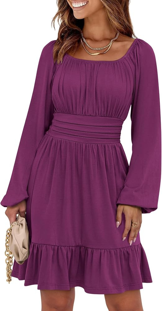 ANRABESS Womens Dress Long Lantern Sleeve Square Neck Elastic Waist Ruffle Flowy Swing A-Line Sho... | Amazon (US)